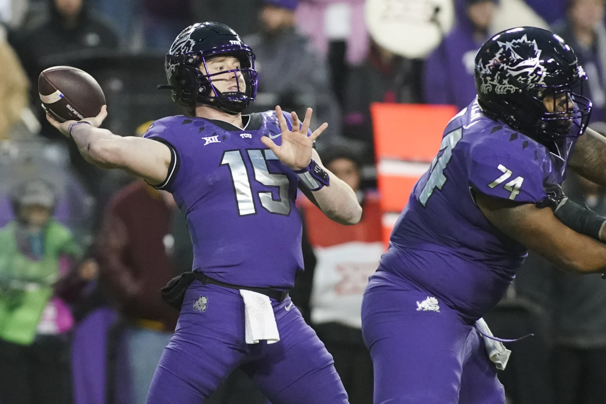 TCU Horned Frogs quarterback Max Duggan throws the ball
